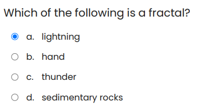 Which of the following is a fractal?
O a. lightning
O b. hand
O c. thunder
O d. sedimentary rocks
