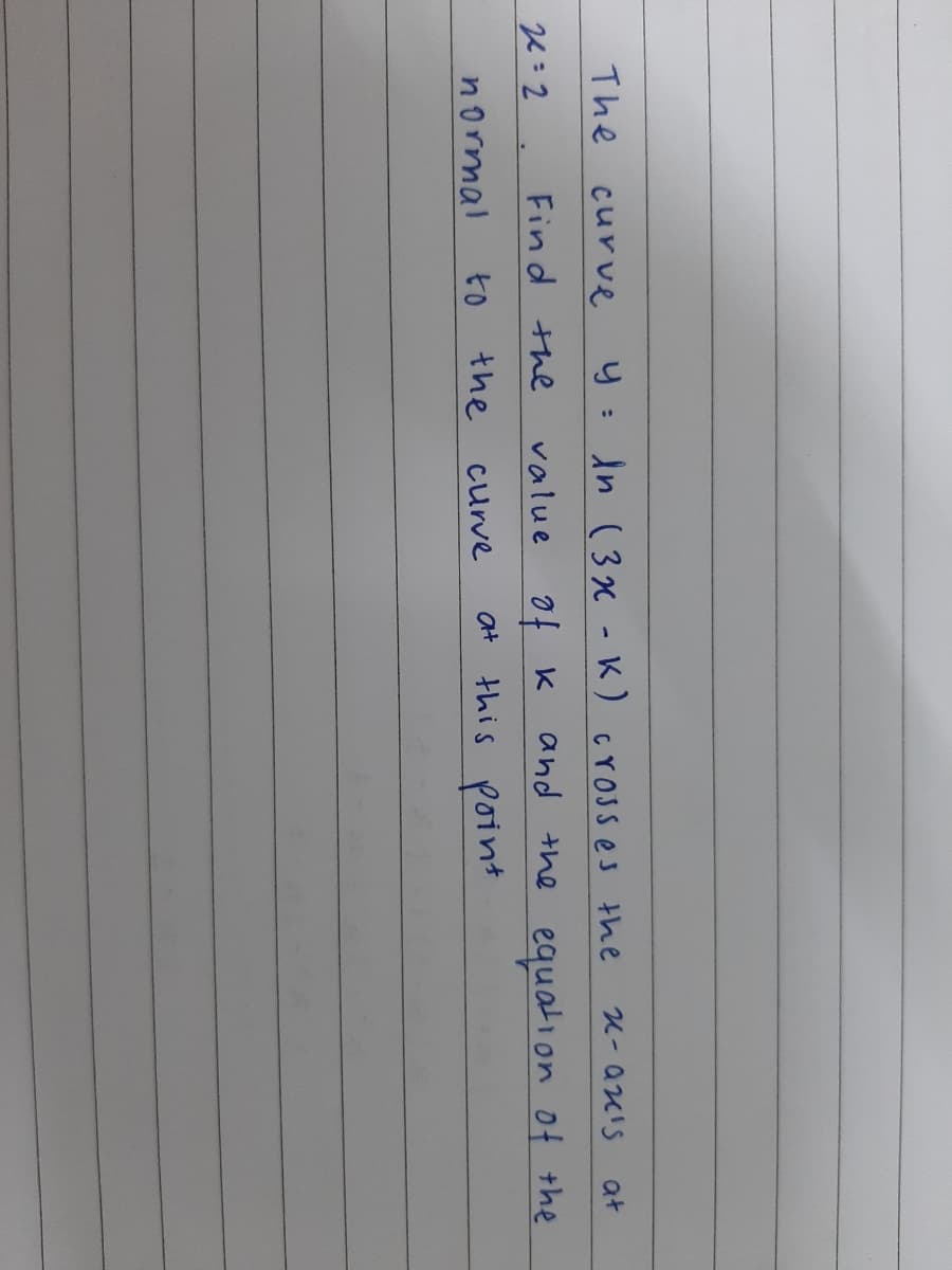 The curve
in (3x - K) crosses the
at
and the equation of the
at this point
Find the
value of K
normal
to
the
curve
