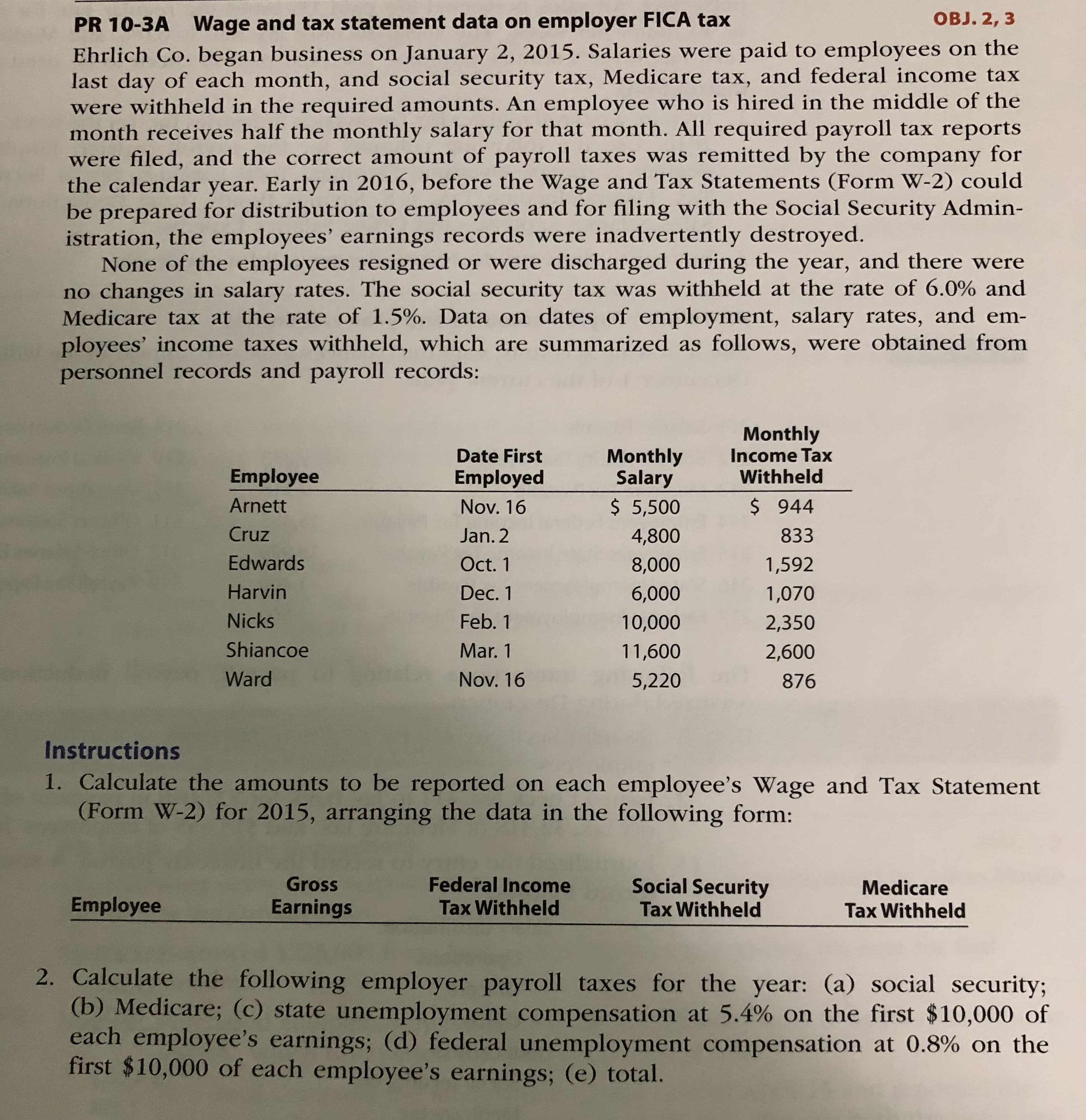 **PR 10-3A Wage and Tax Statement Data on Employer FICA Tax**

Ehrlich Co. began business on January 2, 2015. Salaries were paid to employees on the last day of each month, and social security tax, Medicare tax, and federal income tax were withheld in the required amounts. An employee who is hired in the middle of the month receives half the monthly salary for that month. All required payroll tax reports were filed, and the correct amount of payroll taxes was remitted by the company for the calendar year. Early in 2016, before the Wage and Tax Statements (Form W-2) could be prepared for distribution to employees and for filing with the Social Security Administration, the employees’ earnings records were inadvertently destroyed.

None of the employees resigned or were discharged during the year, and there were no changes in salary rates. The social security tax was withheld at the rate of 6.0% and Medicare tax at the rate of 1.5%. Data on dates of employment, salary rates, and employees’ income taxes withheld, which are summarized as follows, were obtained from personnel records and payroll records:

### Employee Data Table

| Employee | Date First Employed | Monthly Salary | Monthly Income Tax Withheld |
|----------|---------------------|----------------|-----------------------------|
| Arnett   | Nov. 16             | $5,500         | $944                        |
| Cruz     | Jan. 2              | 4,800          | 833                         |
| Edwards  | Oct. 1              | 8,000          | 1,592                       |
| Harvin   | Dec. 1              | 6,000          | 1,070                       |
| Nicks    | Feb. 1              | 10,000         | 2,350                       |
| Shiancoe | Mar. 1              | 11,600         | 2,600                       |
| Ward     | Nov. 16             | 5,220          | 876                         |

### Instructions

1. Calculate the amounts to be reported on each employee’s Wage and Tax Statement (Form W-2) for 2015, arranging the data in the following form:

    | Employee | Gross Earnings | Federal Income Tax Withheld | Social Security Tax Withheld | Medicare Tax Withheld |
    |----------|----------------|----------------------------|-----------------------------|-----------------------|

2. Calculate