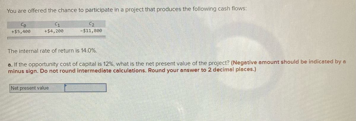 You are offered the chance to participate in a project that produces the following cash flows:
C2
-$11,800
Co
C1
+$5,400
+$4, 200
The internal rate of return is 14.0%.
a. If the opportunity cost of capital is 12%, what is the net present value of the project? (Negative amount should be indicated by a
minus sign. Do not round intermediate calculations. Round your answer to 2 decimal places.)
Net present value
