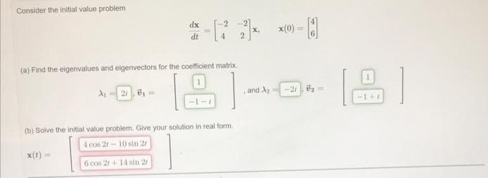 Consider the initial value problem
dx
dt
(a) Find the eigenvalues and eigenvectors for the coefficient matrix.
A₁ = 21,0₁=
(b) Solve the initial value problem. Give your solution in real form.
4 cos 2r-10 sin 2
6 cos 2r+14 sin 2/
x(t)=
-0
and A₂ = -21,0₂=
[圖]
-1+1