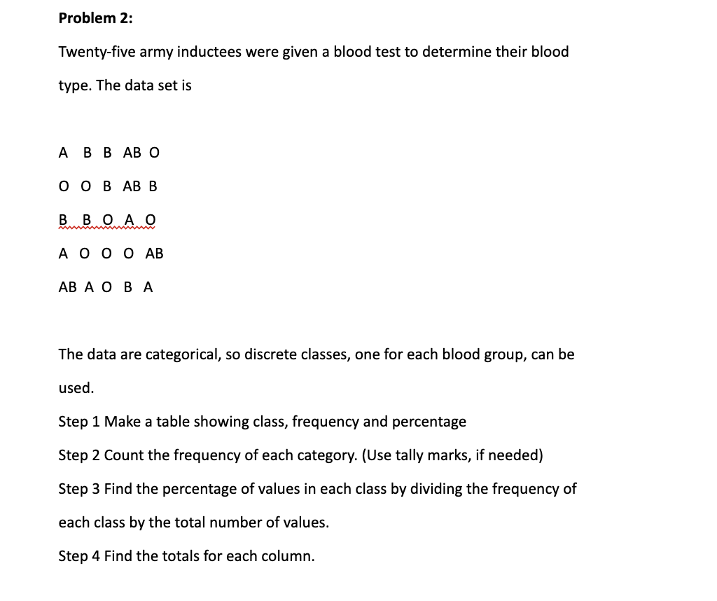 Problem 2:
Twenty-five army inductees were given a blood test to determine their blood
type. The data set is
A B B AB O
O OB AB B
B BOA O
A O O O AB
AB A O BA
The data are categorical, so discrete classes, one for each blood group, can be
used.
Step 1 Make a table showing class, frequency and percentage
Step 2 Count the frequency of each category. (Use tally marks, if needed)
Step 3 Find the percentage of values in each class by dividing the frequency of
each class by the total number of values.
Step 4 Find the totals for each column.