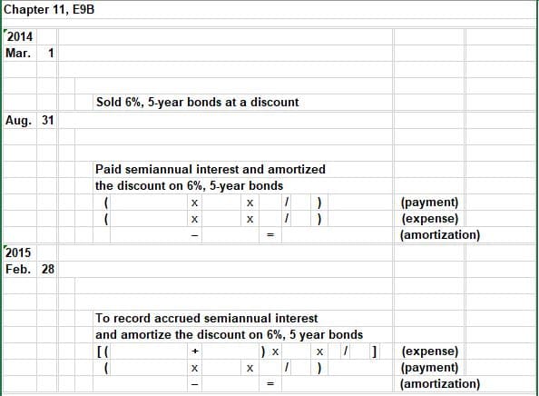 Chapter 11, E9B
2014
Maг.
Sold 6%, 5-year bonds at a discount
Aug. 31
Paid semiannual interest and amortized
the discount on 6%, 5-year bonds
(payment)
(expense)
(amortization)
х
х
х
2015
Feb. 28
To record accrued semiannual interest
and amortize the discount on 6%, 5 year bonds
) x
I] (expense)
(payment)
(amortization)
х
х
х
