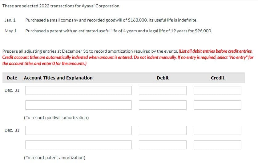 These are selected 2022 transactions for Ayayai Corporation.
Jan. 1 Purchased a small company and recorded goodwill of $163,000. Its useful life is indefinite.
May 1 Purchased a patent with an estimated useful life of 4 years and a legal life of 19 years for $96,000.
Prepare all adjusting entries at December 31 to record amortization required by the events. (List all debit entries before credit entries.
Credit account titles are automatically indented when amount is entered. Do not indent manually. If no entry is required, select "No entry" for
the account titles and enter O for the amounts.)
Date Account Titles and Explanation
Dec. 31
Dec. 31
(To record goodwill amortization)
(To record patent amortization)
Debit
Credit
|||
W