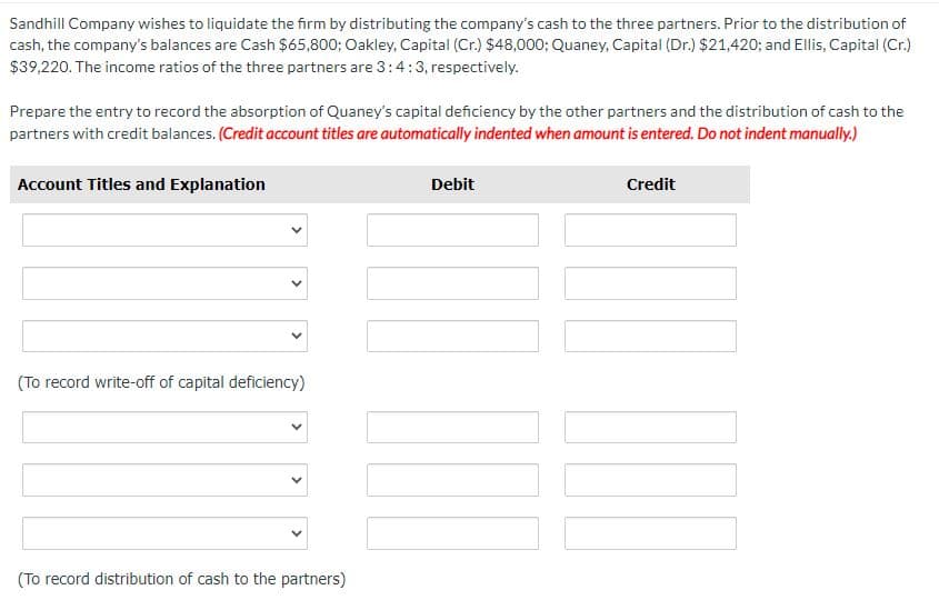 Sandhill Company wishes to liquidate the firm by distributing the company's cash to the three partners. Prior to the distribution of
cash, the company's balances are Cash $65,800; Oakley, Capital (Cr.) $48,000; Quaney, Capital (Dr.) $21,420; and Ellis, Capital (Cr.)
$39,220. The income ratios of the three partners are 3:4:3, respectively.
Prepare the entry to record the absorption of Quaney's capital deficiency by the other partners and the distribution of cash to the
partners with credit balances. (Credit account titles are automatically indented when amount is entered. Do not indent manually.)
Account Titles and Explanation
(To record write-off of capital deficiency)
(To record distribution of cash to the partners)
Debit
Credit
DO NOT