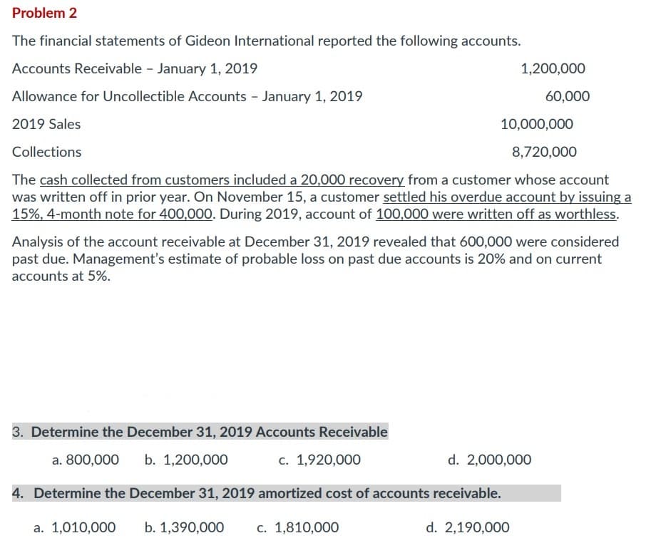 Problem 2
The financial statements of Gideon International reported the following accounts.
Accounts Receivable - January 1, 2019
Allowance for Uncollectible Accounts - January 1, 2019
2019 Sales
10,000,000
Collections
8,720,000
The cash collected from customers included a 20,000 recovery from a customer whose account
was written off in prior year. On November 15, a customer settled his overdue account by issuing a
15%, 4-month note for 400,000. During 2019, account of 100,000 were written off as worthless.
Analysis of the account receivable at December 31, 2019 revealed that 600,000 were considered
past due. Management's estimate of probable loss on past due accounts is 20% and on current
accounts at 5%.
3. Determine the December 31, 2019 Accounts Receivable
a. 800,000 b. 1,200,000
c. 1,920,000
4. Determine the December 31, 2019 amortized cost of accounts receivable.
d. 2,190,000
a. 1,010,000
1,200,000
60,000
b. 1,390,000
c. 1,810,000
d. 2,000,000