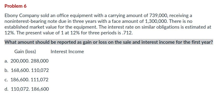 Problem 6
Ebony Company sold an office equipment with a carrying amount of 739,000, receiving a
noninterest-bearing note due in three years with a face amount of 1,300,000. There is no
established market value for the equipment. The interest rate on similar obligations is estimated at
12%. The present value of 1 at 12% for three periods is .712.
What amount should be reported as gain or loss on the sale and interest income for the first year?
Gain (loss)
Interest Income
a. 200,000. 288,000
b. 168,600. 110,072
c. 186,600. 111,072
d. 110,072. 186,600