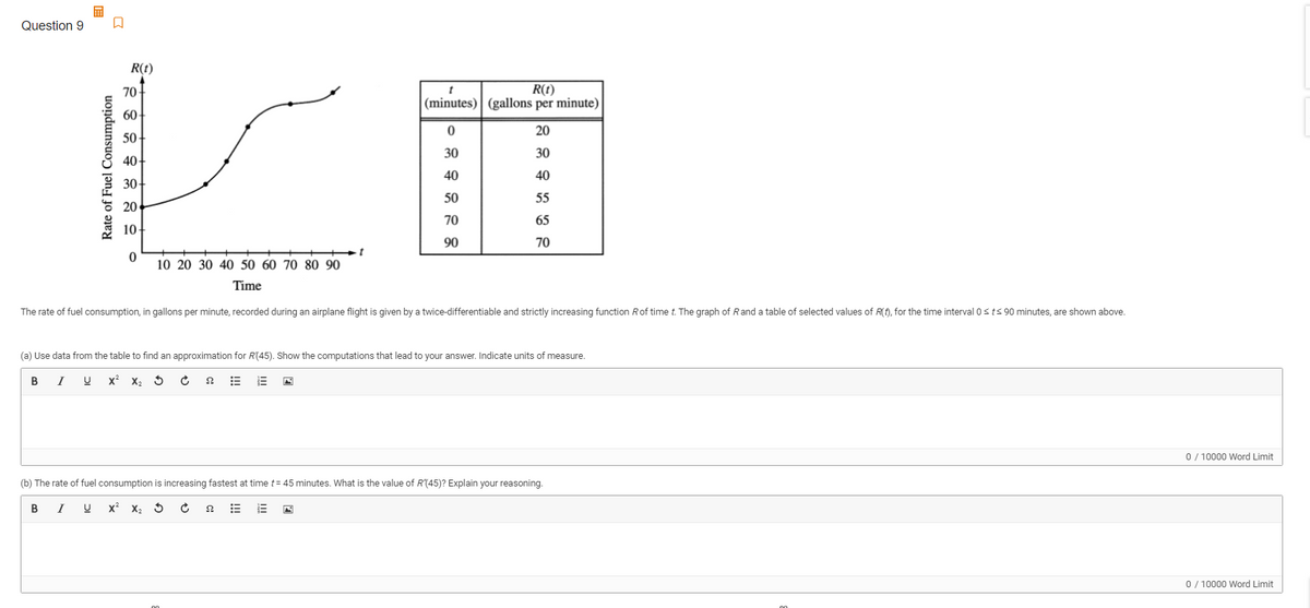 Question 9
R(t)
R(t)
|(minutes) | (gallons per minute)
70-
60
20
50
30
30
40-
40
40
30-
50
55
20
70
65
10
90
70
10 20 30 40 50 60 70 80 90
Time
The rate of fuel consumption, in gallons per minute, recorded during an airplane flight is given by a twice-differentiable and strictly increasing function Rof time t. The graph of Rand a table of selected values of R(f), for the time interval 0sts 90 minutes, are shown above.
(a) Use data from the table to find an approximation for R(45). Show the computations that lead to your answer. Indicate units of measure.
В I
x? X2 5
0 / 10000 Word Limit
(b) The rate of fuel consumption is increasing fastest at time t= 45 minutes. What is the value of R(45)? Explain your reasoning.
B
I
x?
0 / 10000 Word Limit
