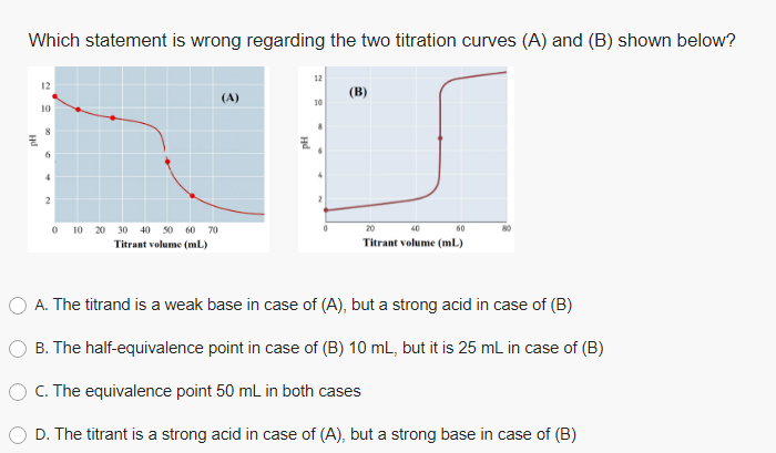 Which statement is wrong regarding the two titration curves (A) and (B) shown below?
12
12
(B)
(A)
10
10
4
10 20 30 40 50 60 70
20
40
60
Titrant volume (mL)
Titrant volume (mL)
A. The titrand is a weak base in case of (A), but a strong acid in case of (B)
B. The half-equivalence point in case of (B) 10 mL, but it is 25 mL in case of (B)
C. The equivalence point 50 mL in both cases
D. The titrant is a strong acid in case of (A), but a strong base in case of (B)
Hd
