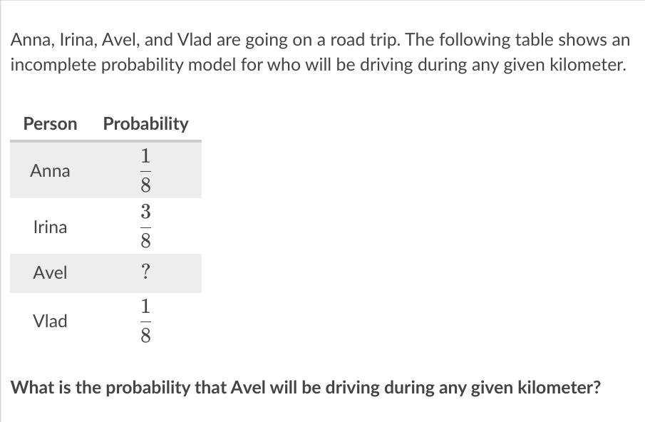 Anna, Irina, Avel, and Vlad are going on a road trip. The following table shows an
incomplete probability model for who will be driving during any given kilometer.
Person Probability
1
Anna
8
Irina
8
Avel
?
1
Vlad
8.
What is the probability that Avel will be driving during any given kilometer?
