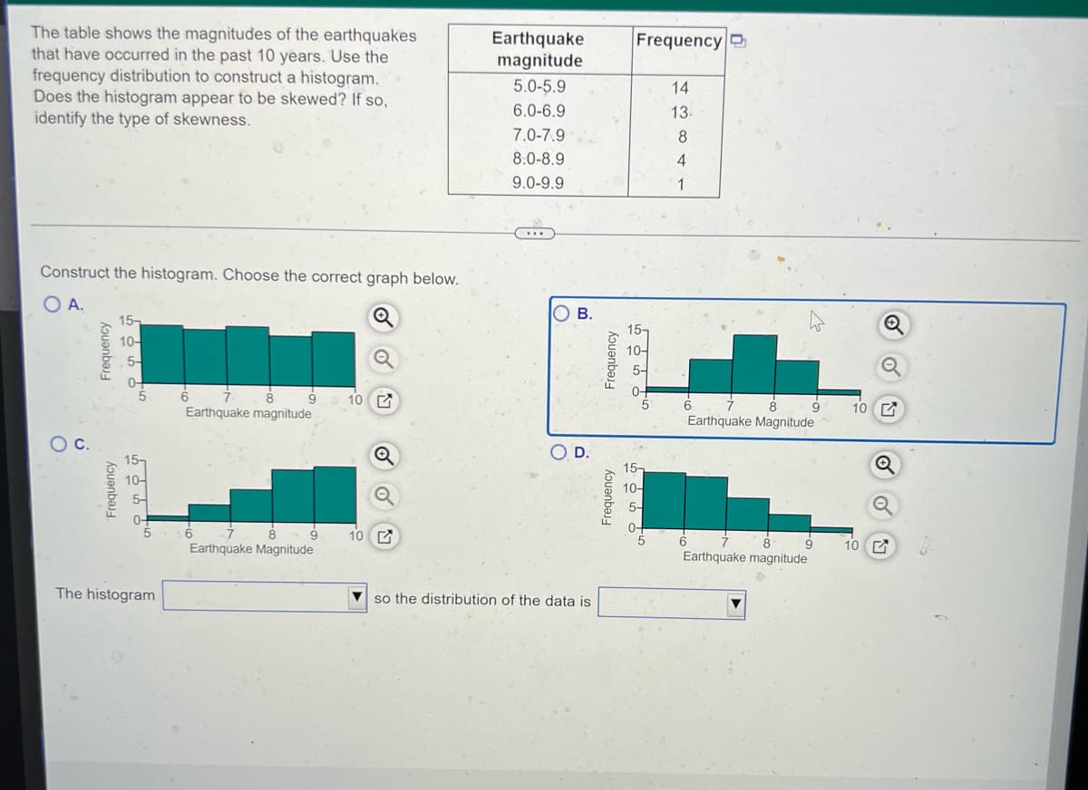 ### Earthquake Magnitude and Frequency Analysis

The following table illustrates the magnitudes of earthquakes that have occurred in the past 10 years and their frequencies. The data is used to construct a histogram and analyze the skewness of the distribution.

| Earthquake Magnitude | Frequency |
|----------------------|-----------|
| 5.0-5.9              | 14        |
| 6.0-6.9              | 13        |
| 7.0-7.9              | 8         |
| 8.0-8.9              | 4         |
| 9.0-9.9              | 1         |

#### Task

Use the frequency distribution to construct a histogram. Does the histogram appear to be skewed? If so, identify the type of skewness.

#### Construct the Histogram

Choose the correct graph below:

1. **Graph A**: Shows equal frequency distribution across all bins.
2. **Graph B**: Indicates a higher frequency on the lower end of the magnitude scale, decreasing as magnitude increases.
3. **Graph C**: Displays increasing frequency as the magnitude increases.
4. **Graph D**: Exhibits a high frequency initially, with a gradual decrease as the magnitude increases.

#### Selecting the Correct Graph

Based on the data provided in the table, the correct histogram (Graph B) indicates:

- High frequency for lower magnitudes (5.0-5.9 and 6.0-6.9).
- Gradual decrease in frequency as the magnitude increases.

#### Analysis of Skewness

- **Chosen Histogram (Graph B)**: The histogram is right-skewed (or positively skewed), as the longer tail is on the right side of the distribution.

#### Conclusion

The histogram so the distribution of the data is **right-skewed (positively skewed)**. This implies that most earthquake magnitudes are clustered around the lower end, with fewer occurrences of higher magnitude earthquakes.