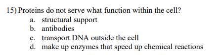 15) Proteins do not serve what function within the cell?
a. structural support
b. antibodies
c. transport DNA outside the cell
d. make up enzymes that speed up chemical reactions