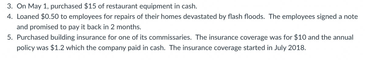 3. On May 1, purchased $15 of restaurant equipment in cash.
4. Loaned $0.50 to employees for repairs of their homes devastated by flash floods. The employees signed a note
and promised to pay it back in 2 months.
5. Purchased building insurance for one of its commissaries. The insurance coverage was for $10 and the annual
policy was $1.2 which the company paid in cash. The insurance coverage started in July 2018.