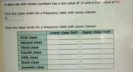 A data set with whole numbers has a low value of 20 and a high value of 82.
Find the class width for a frequency table with seven classes.
Find the class limits for a frequency table with seven classes.
Lower class limit - Upper class limit
First class
Second class
Third class
Fourth class
Fifth class
Sixth class
Seventh class
