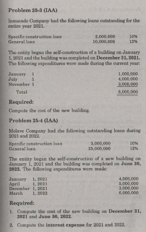 Problem 25-3 (IAA)
Innuendo Company had the following loans outstanding for the
entire year 2021.
Specific construction loan
General loan
2,000,000
10,000,000
10%
12%
The entity began the self-construction of a building on January
1, 2021 and the building was completed on December 31, 2021.
The following expenditures were made during the current year:
January
July
November 1
1,000,000
4,000,000
3,000,000
1
Total
8,000,000
Required:
Compute the cost of the new building.
Problem 25-4 (IAA)
Molave Company had the following outstanding loans during
2021 and 2022.
Specific construction loan
General loan
3,000,000
25,000,000
10%
12%
The entity began the self-construction of a new building on
January 1, 2021 and the building was completed on June 30,
2022. The following expenditures were made:
January 1, 2021
1, 2021
December 1, 2021
March
4,000,000
5,000,000
3,000,000
6,000,000
April
1, 2022
Required:
1. Compute the cost of the new building on December 31,
2021 and June 30, 2022.
2. Compute the interest expense for 2021 and 2022.
