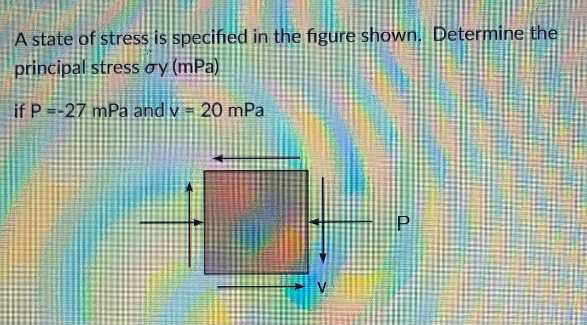 A state of stress is specified in the figure shown. Determine the
principal stress oy (mPa)
if P =-27 mPa and v = 20 mPa
P