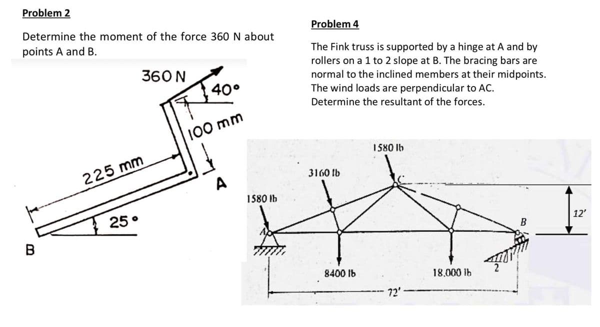 Problem 2
Determine the moment of the force 360 N about
Problem 4
points A and B.
The Fink truss is supported by a hinge at A and by
rollers on a 1 to 2 slope at B. The bracing bars are
normal to the inclined members at their midpoints.
The wind loads are perpendicular to AC.
360 N
40°
Determine the resultant of the forces.
100 mm
1580 lb
225 mm
3160 Ib
A
1580 Ib
25 °
12'
B
8400 lb
18.000 lb
72'-
