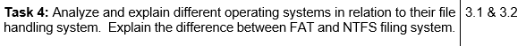 Task 4: Analyze and explain different operating systems in relation to their file 3.1 & 3.2
handling system. Explain the difference between FAT and NTFS filing system.
