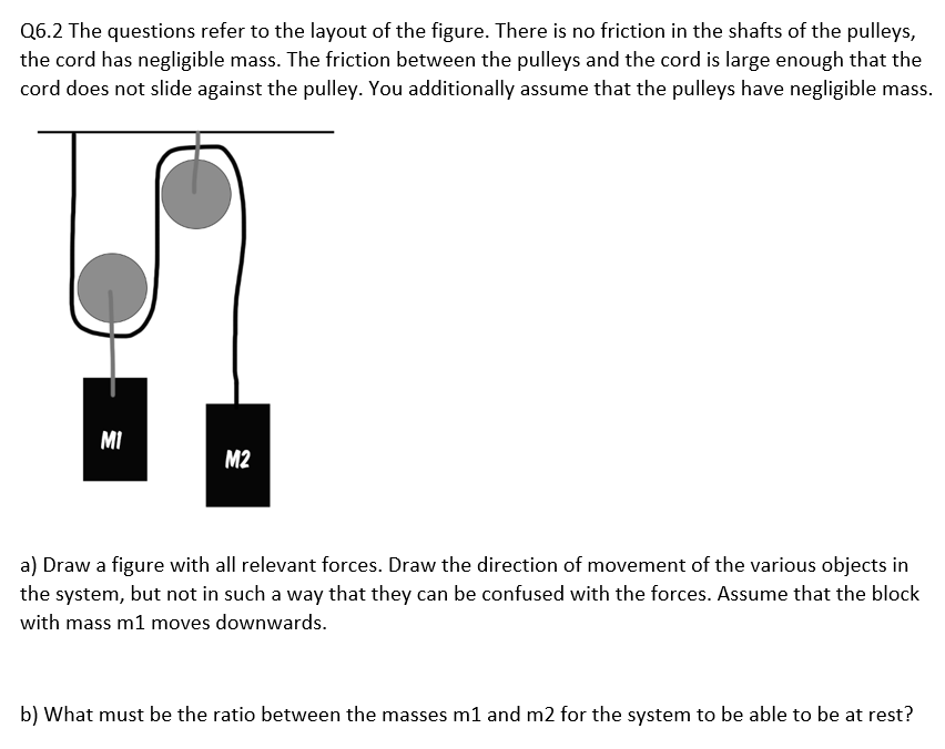 Q6.2 The questions refer to the layout of the figure. There is no friction in the shafts of the pulleys,
the cord has negligible mass. The friction between the pulleys and the cord is large enough that the
cord does not slide against the pulley. You additionally assume that the pulleys have negligible mass.
MI
M2
a) Draw a figure with all relevant forces. Draw the direction of movement of the various objects in
the system, but not in such a way that they can be confused with the forces. Assume that the block
with mass m1 moves downwards.
b) What must be the ratio between the masses m1 and m2 for the system to be able to be at rest?
