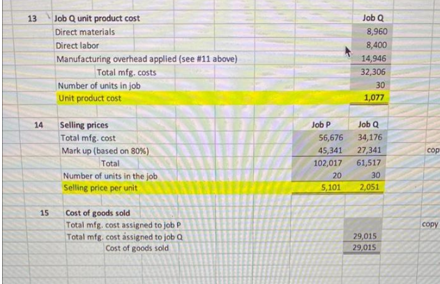 13
14
15
Job Q unit product cost
Direct materials
Direct labor
Manufacturing overhead applied (see #11 above)
Total mfg. costs
Number of units in job
Unit product cost
Selling prices
Total mfg. cost
Mark up (based on 80%)
Total
Number of units in the job
Selling price per unit
Cost of goods sold
Total mfg. cost assigned to job P
Total mfg. cost assigned to job Q
Cost of goods sold
Job P
56,676
45,341
102,017
20
5,101
Job Q
8,960
8,400
14,946
32,306
30
1,077
Job Q
34,176
27,341
61,517
30
2,051
29,015
29,015
cop
copy