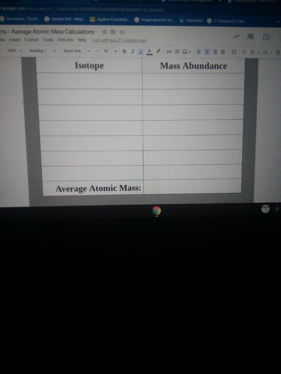 s.google.com/document/d/1_TasCikudvk NOSWS3n0r6MugKEUFABDieeR1q1Ju4/edt
O Surrealism - The M.
Genetic drift-Waip
AAlgebra Foundatio.
O Image result for sur
&Classwork 23 Eukaryotic Cells
ris - Average Atomic Mass Calculations
ew Insert Format Tools Add-ons Help
Last edit was 31 minutes ago
100%
Heading 1
Russo One
30
BIUA
1.
Isotope
Mass Abundance
Average Atomic Mass:
