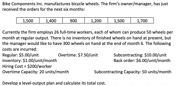 Bike Components Inc. manufactures bicycle wheels. The firm's owner/manager, has just
received the orders for the next six months:
1,500
1,400
1,200
Currently the firm employs 26 full-time workers, each of whom can produce 50 wheels per
month at regular output. There is no inventory of finished wheels on hand at present, but
the manager would like to have 300 wheels on hand at the end of month 6. The following
costs are incurred:
Regular: $5.00/unit
Overtime: $7.50/unit
900
1,500
1,700
Inventory: $1.00/unit/month
Hiring Cost = $200/worker
Overtime Capacity: 20 units/month
Develop a level-output plan and calculate its total cost.
Subcontracting: $10.00/unit
Back order: $6.00/unit/month
Subcontracting Capacity: 50 units/month