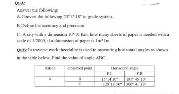 91/A:
Answer the following:
A-Convert the following 23°12'18" to grade system.
B-Define the accuracy and precision
C-A city with a dimension 10*10 Km, how many sheets of paper is needed with a
scale of 1/2000, if a dimension of paper is 1m* Im.
Q1/B: In traverse work theodolite is used to measuring horizontal angles as shown
in the table below. Find the value of angle ABC.
station
Observed point
Horizontal angle
A
B
с
F.L.
15°14' 10"
120°18' 50"
F.R
195° 45' 10"
300° 41' 18"