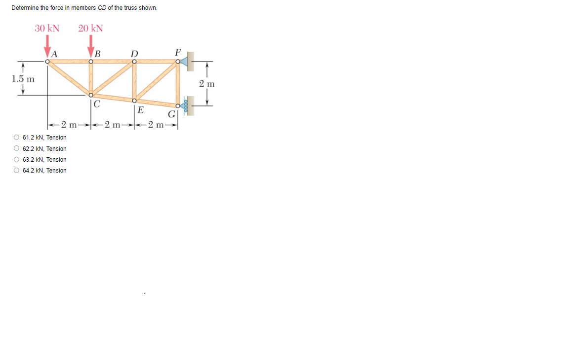 Determine the force in members CD of the truss shown.
30 kN
20 kN
A
D
F
1.5 m
2 m
C
E
G
+2 m-2 m-2 m-
O 61.2 kN, Tension
O 62.2 kN, Tension
O 63.2 kN. Tension
O 64.2 kN, Tension
