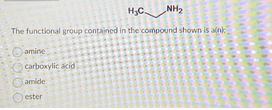 ****
H3C.
The functional group contained in the compound shown is a(n);
0000
NH₂
amine
carboxylic acid
amide
ester