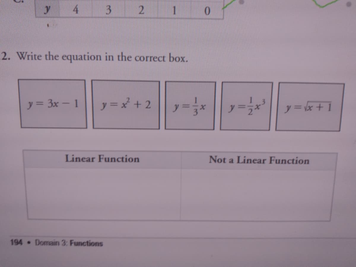 4
0.
2. Write the equation in the correct box.
y=メ+2|| =*
y=ラ||| =&+1
y = 3x - 1
Linear Function
Not a Linear Function
194 Domain 3: Functions
