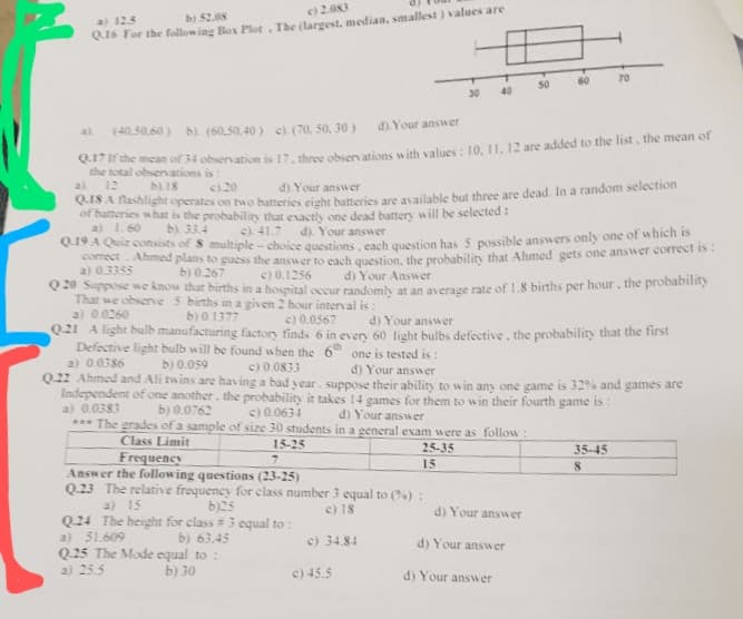 c) 2.083
a) 12.5
bi 52.08
Q16 For the follon ing Box Plot, The (largest, median, smallest ) values are
60
70
50
30
40
(40.50,60) b) (60,50,40) c) (70, 50, 30)
di. Your answer
al
ir the mean of 34 observation is 17, three obsen ations with values : 10, 11, 12 are added to the list, the mean of
the total obsenations is:
QIS A lashlight operates on two batteries eight batteries are available but three are dead. In a random selection
of baneries what is the probability that exactly one dead battery will be selected :
a) 1. 60
Q.19 A Quiz consists of 8 multiple-choice questions, each question has 5 possible answers only one of which is
reetAhmed plans to guess the answer to each question, the probability that Ahmed gets one answer comcer to
a) 0.3355
al
12
c120
d) Your answer
b). 33.4
c) 41.7
d). Your answer
b) 0.267
c) 0.1256
d) Your Answer
Q 20 Suppose we know that births in a hospital occur randomly at an average rate of 1.8 births per hour, the probabilny
That we obsere 5 births in a given 2 hour interval is:
a) 0.0260
b)0 1377
e) 0.0567
d) Your answer
Q21 A light buib manufacturing factory finds 6 in every 60 light bulbs defective, the probability that the first
Defective light bulb will be found when the 6
a) 0.0386
Q.22 Ahmed and Ali twins are hav ing a bad year, suppose their ability to win any one game is 32% and games are
Independent of one another, the probability it takes 14 games for them to win their fourth game is :
a) 0.0383
one is tested is :
b) 0.059
c) 0.0833
d) Your answer
b) 0.0762
c) 0.0634
*** The grades of a sample of size 30 students in a general exam were as follow :
15-25
d) Your answer
Class Limit
25-35
35-45
Frequency
Answer the following questions (23-25)
7.
15
8.
Q.23 The relative frequency for class number 3 equal to (%):
b)25
Q.24 The height for class 3 equal to :
a) 15
c) 18
d) Your answer
a) 51.609
Q25 The Mode equal to :
a) 25.5
b) 63.45
c) 34.84
d) Your answ er
b) 30
c) 45.5
d) Your answer
