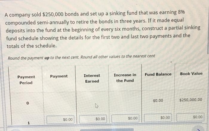 A company sold $250,000 bonds and set up a sinking fund that was earning 8%
compounded semi-annually to retire the bonds in three years. If it made equal
deposits into the fund at the beginning of every six months, construct a partial sinking
fund schedule showing the details for the first two and last two payments and the
totals of the schedule.
Round the payment up to the next cent. Round all other values to the nearest cent
Increase in
Fund Balance
Book Value
Payment
Payment
Interest
Earned
the Fund
Period
$0.00
$250,000.00
$0.00
$0.00
$0.00
$0.00
$0.00
