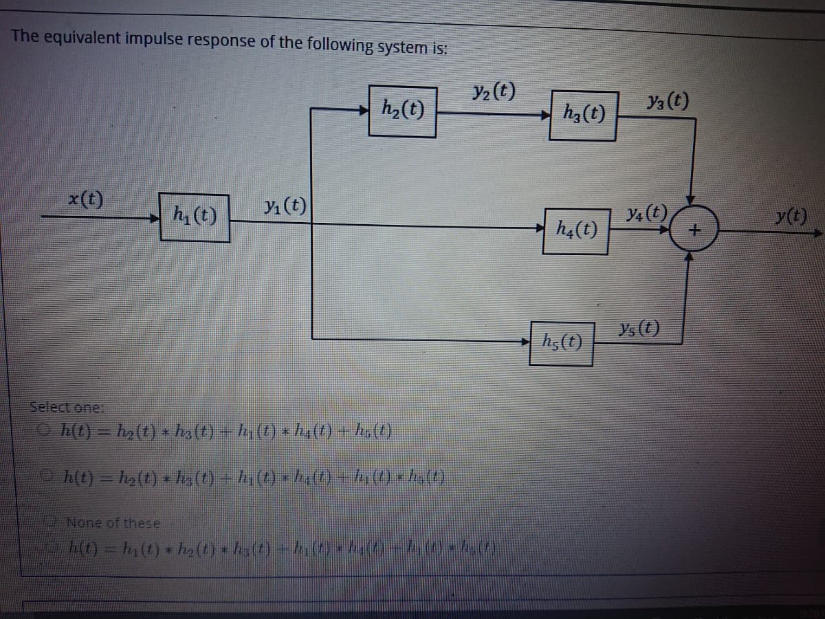 The equivalent impulse response of the following system is:
Y2 (t)
h,(t)
h3(t)
Y3 (t)
x(t)
Y (t)
h, (t)
y()
h4(t)
h,(t)
Select one:
O M) - () - ha(t) + h, (() * h() + h, (()
h(1) = h2(t) h,(t) - h() *ha(t) +4() ×h,(t)
None of these
