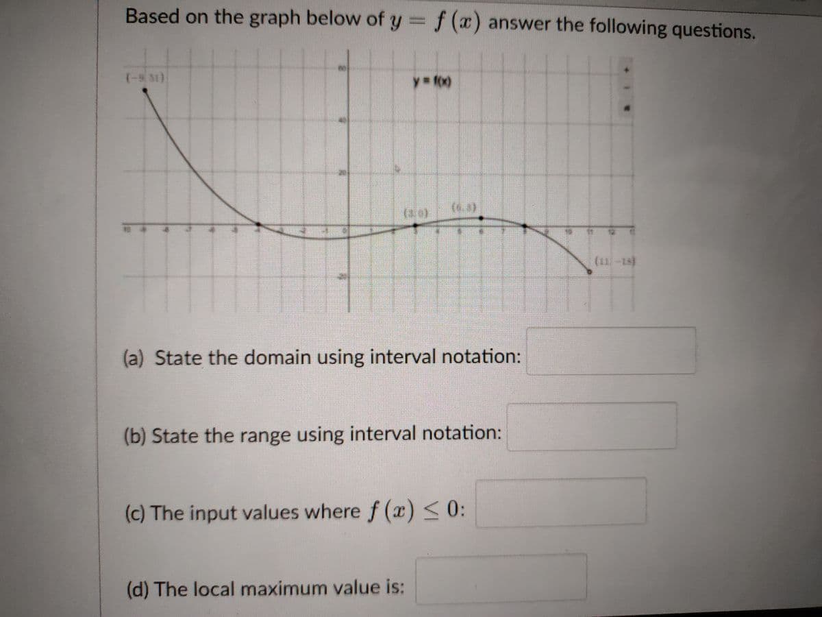 Based on the graph below of y = f (x) answer the following questions.
y3Df00
(6.4)
(8.0)
(a) State the domain using interval notation:
(b) State the range using interval notation:
(c) The input values where f (x) <0:
(d) The local maximum value is:
