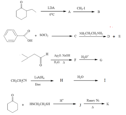 LDA
CH;-I
A
B
0°C
NH,CH;CH;NH;
+ SOCI,
OH
D + E
Ag,0. NaOH
H;O*
G
H,O. A
LIAIH,
H;0
CH;CH,CN
H
Eter
Raney Ni
J
H*
HSCH;CH;SH
K
A
