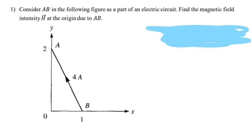 1) Consider AB in the following figure as a part of an electric circuit. Find the magnetic field
intensity H at the origin due to AB.
y
A
2
4 A
B
