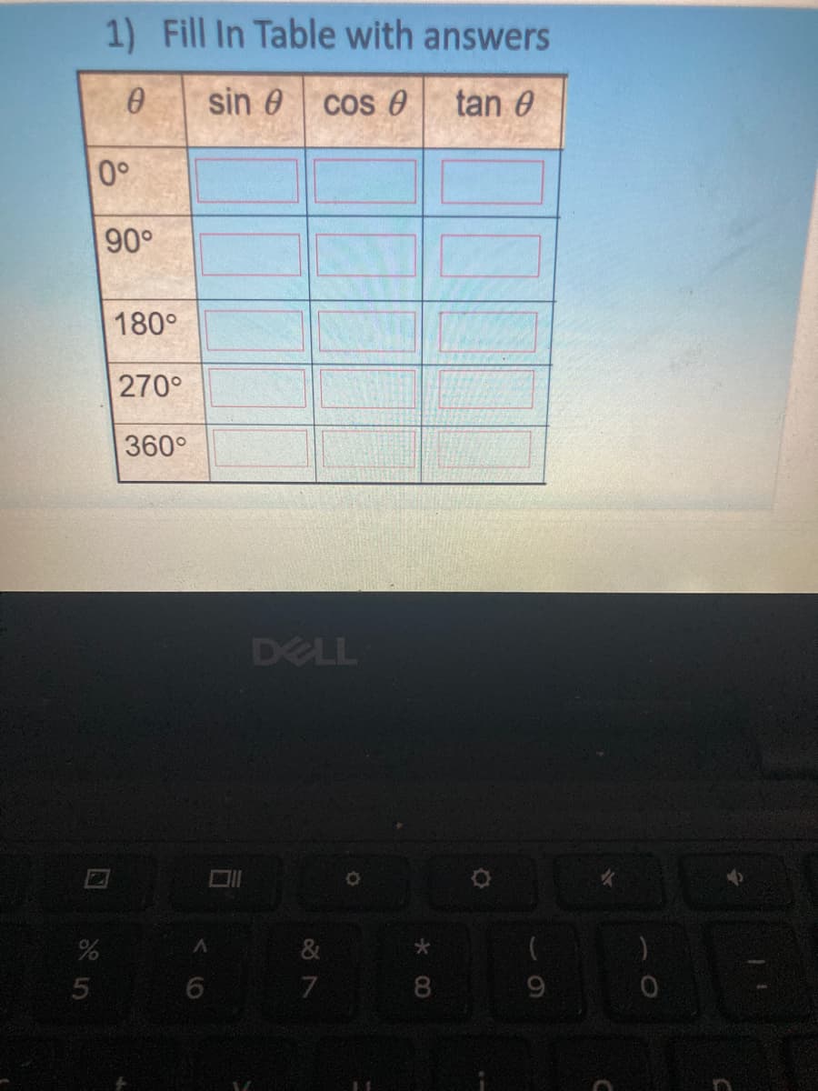 1) Fill In Table with answers
sin 0
COS 0
tan 0
0°
90°
180°
270°
360°
DELL
&
7.
8.
