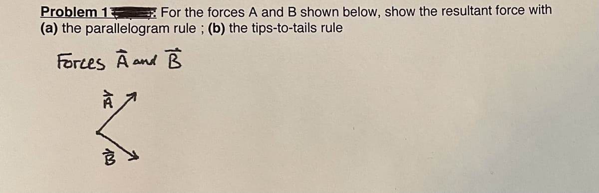 Problem 13
(a) the parallelogram rule ; (b) the tips-to-tails rule
For the forces A and B shown below, show the resultant force with
Forces A and B
