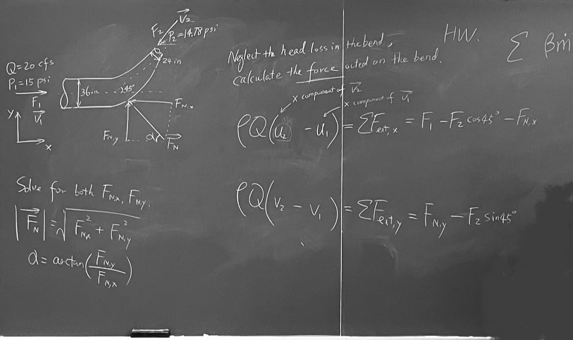 Q=20 cfs
P₁ = 15 psi
F₁
R
X
36.m
->45
Fivy
+
Solve for both FMX, FMy
FN.Y.
FNY
a= auch (Fax)
V₂
2₂=14.78 psi
F2
2₁/P₂=
24 in
•FNIx
R
Neglect the head loss in the bend,
calculate the force acted on the bend.
HW.
E Bm
V₂
X component a
x componect of
(Q(u - U₁) - 2For x = F₁-F₂ con48" - Fi
и,
cs45²
ext,
(Q(v₁ - v₁ ) = EFerty = Fay-F2544²-
Sin