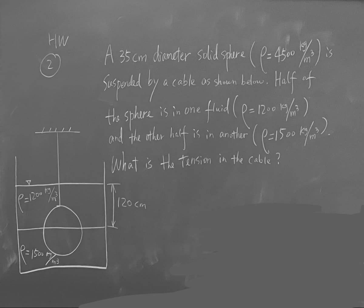 HW
2
V
| P=1200 15/1/27/
|R = 1500 | 4²3
m3
Suspended by
A 35 cm diemester solid sthore (P= 450 17%) is
a cable as shown below. Half of
fluid (p=1200
1200 19/m²³)
the sphere
and the other half is in another ((=1500 19/1²).
kg/
What is the tension in the cable?
120cm
is
is in one