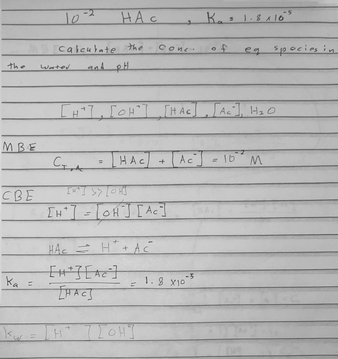 the
МВЕ
СВЕ
Ka =
кис
10-2
Water
calculate the
and рн
Стил
H
HAC
S
[H+], Гонт] [нас
[++][Ac]
[HAC
Нас
HAC H+ AC²²
нас -
ІНТІ » LOHI
+
[н'] = [он] [аст
S
Cone.
тгонт
3
+
[HAC] [AC], _H₂0
H2O
Ас
Ac]
1.8 х10
-5
Кa 3 1.8 x 165
-5
of
о
ед Spocies in
10 М
/ 09