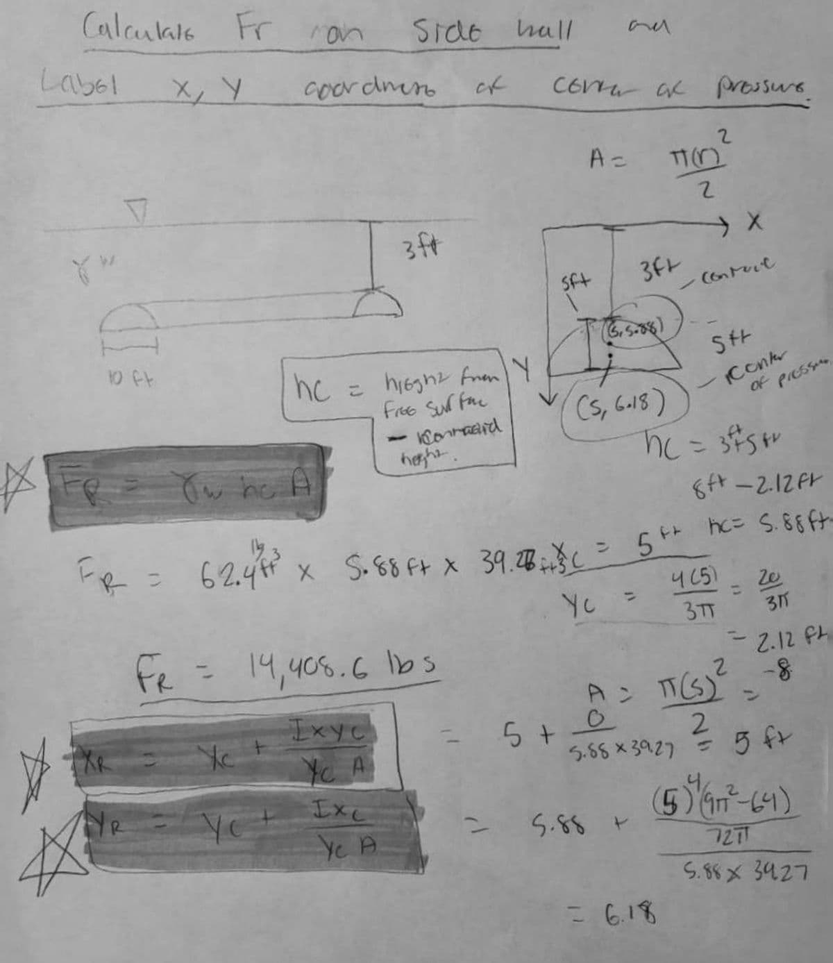 Calculate
Label
A
S
10 ft
Fr man
X, Y
FR
XFp= Yw hc A
coordmen
Yo
Side hall
hc = hight from Y
Free Surfac
Kontaard
3 ft
EXC
-
Ye A
FR = 14,408.6 lbs
Ixyc
YC A
height.
ск
corra ak pressure.
A =
Sft
5 +
(6.5.88)
3F+
(5, 6-18)
T
5.88 +
hc = 3f/³5+²
8f-2.12ft
5th
= 62.4² x 5.88 ft x 39.28.5 = 5++ bc= 5.85ft
4 (5)
Ус
3TT
2
-
- Contact
= 6.18
2
Str
Contr
of
-
A = πT(S)²
PIESS
=
20
31
2.12 ft
2 -8
2
5.58 x 3927 = 5 ft
(5) 97²-64)
727
5.88 X 3927