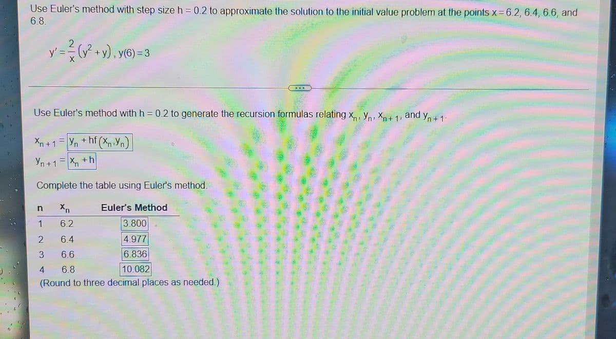 Use Euler's method with step size h = 0.2 to approximate the solution to the initial value problem at the points x= 6.2, 6.4, 6.6, and
6.8.
y' = ² (y² + y), y(6):
Use Euler's method with h = 0.2 to generate the recursion formulas relating X, Y, Xn+1) and y
dyn+1-
Xn+1=Yn+hf (XnYn)
Yn+1 = x +h
Complete the table using Euler's method.
n
Xn
Euler's Method
1
6.2
3.800
2
6.4
4.977
3
6.6
6.836
4
6.8
10.082
(Round to three decimal places as needed.)