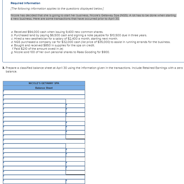 Required Information
[The following information applies to the questions displayed below.]
Nicole has decided that she is going to start her business, Nicole's Getaway Spa (NGS). A lot has to be done when starting
a new business. Here are some transactions that have occurred prior to April 30.
a. Received $94,000 cash when issuing 9,400 new common shares.
b. Purchased land by paying $6,500 cash and signing a note payable for $10,500 due in three years.
c. Hired a new aesthetician for a salary of $2,400 a month, starting next month.
d. NGS purchased a company car for $32,000 cash (list price of $35.000) to assist in running errands for the business.
e. Bought and received $850 in supplies for the spa on credit.
f. Paid $210 of the amount owed in (e).
g. Nicole sold 100 of her own personal shares to Raea Gooding for $900.
3. Prepare a classified balance sheet at April 30 using the information given in the transactions. Include Retained Earnings with a zero
balance.
NICOLE'S GETAWAY SPA
Balance Sheet