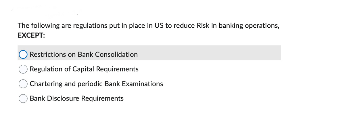 The following are regulations put in place in US to reduce Risk in banking operations,
EXCEPT:
Restrictions on Bank Consolidation
Regulation of Capital Requirements
Chartering and periodic Bank Examinations
Bank Disclosure Requirements