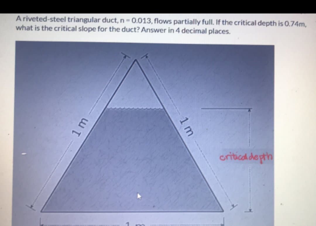 A riveted-steel triangular duct, n = 0.013, flows partially full. If the critical depth is 0.74m,
what is the critical slope for the duct? Answer in 4 decimal places.
critical depth
1m
m
1m