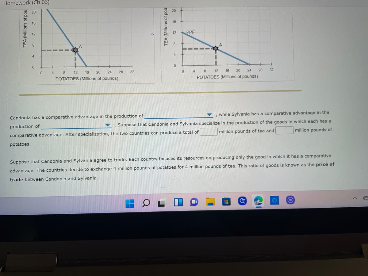 Homework (Ch 03)
16
12
8
4
0
TEA (Millions of pou
TEA (Millions of pou
16
12 PPF
8
A
4
0
0
4
8
12 16
20
24
28
32
0
4
8
12
16
20
24
28 32
POTATOES (Millions of pounds)
POTATOES (Millions of pounds)
while Sylvania has a comparative advantage in the
Candonia has a comparative advantage in the production of
production of
Suppose that Candonia and Sylvania specialize in the production of the goods in which each has a
million pounds of
comparative advantage. After specialization, the two countries can produce a total of
potatoes.
million pounds of tea and
Suppose that Candonia and Sylvania agree to trade. Each country focuses its resources on producing only the good in which it has a comparative
advantage. The countries decide to exchange 4 million pounds of potatoes for 4 million pounds of tea. This ratio of goods is known as the price of
trade between Candonia and Sylvania.
A