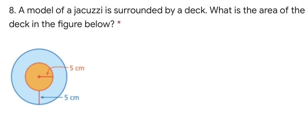 8. A model of a jacuzzi is surrounded by a deck. What is the area of the
deck in the figure below? *
5 cm
5 cm
