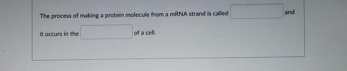 The process of making a protein molecule from a mRNA strand is called
and
it occurs in the
of a cell.
