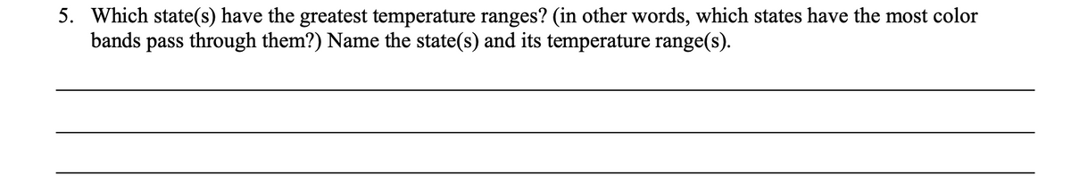 5. Which state(s) have the greatest temperature ranges? (in other words, which states have the most color
bands pass through them?) Name the state(s) and its temperature range(s).